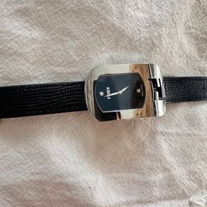 Fendi Silvertone two diamond Large Chameleon Watch On Black Leather Strap